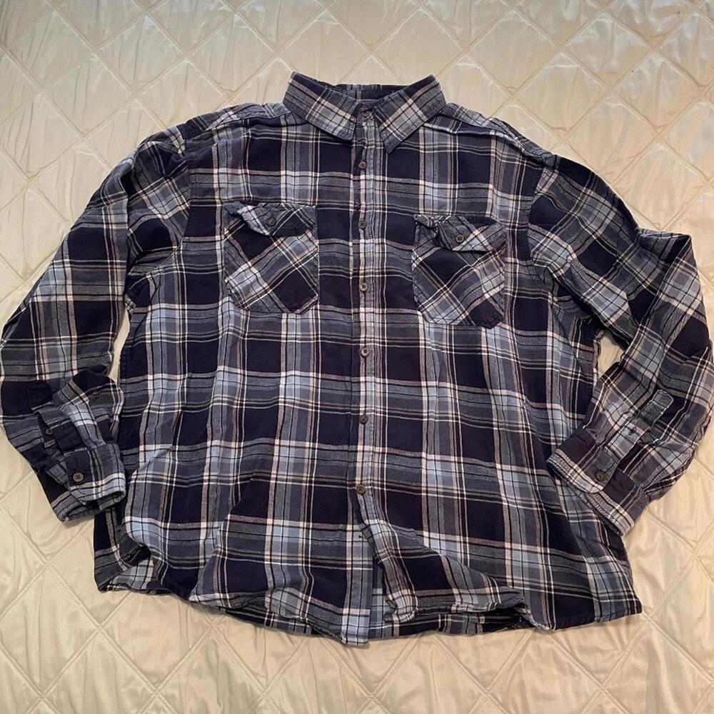 Plaid Blue Long Sleeve Button Down Shirt Mens 2XL XXL (50-52) 100% Cotton Soft